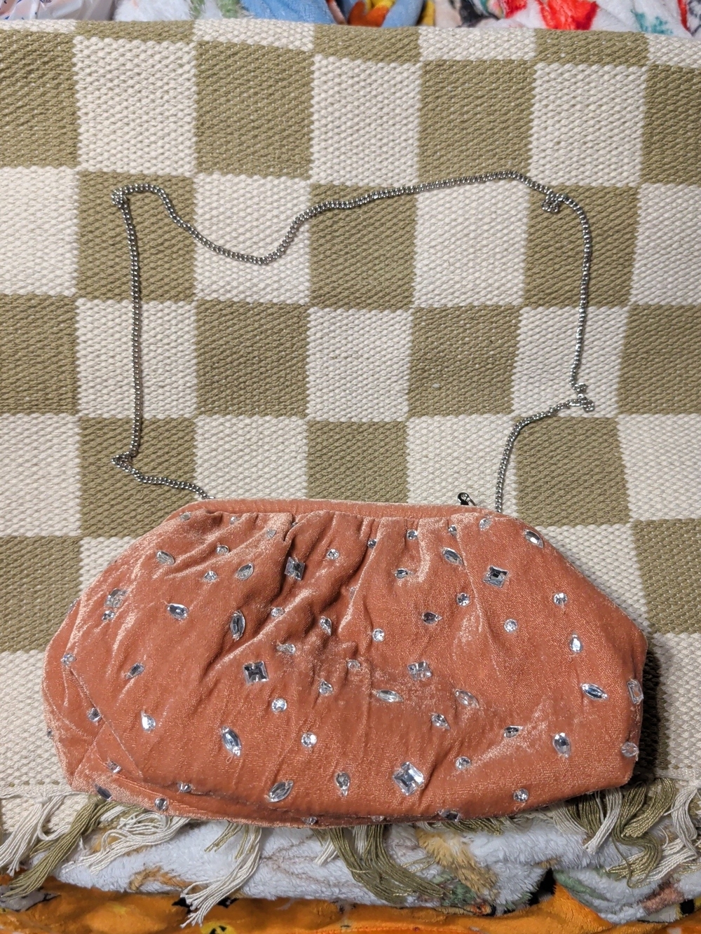 Embellished Peach Velvet Chain Clutch - Women's Evening Bag NWT
